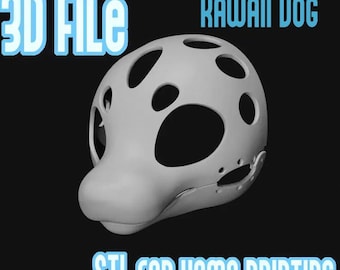 May include: A light grey 3D model of a dog mask featuring multiple circular cutouts across the surface. The text 3D FILE, KAWAII DOG, and STL FOR HOME PRINTING is displayed in light blue against a black background, indicating a digital file.