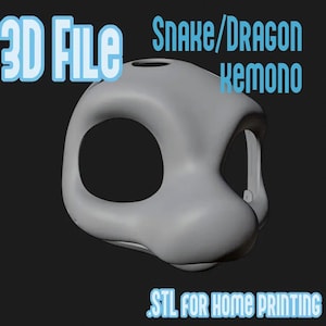 May include: A grey 3D file of a snake or dragon kemono mask base with large eye openings and a rounded snout. The text reads 3D FILE, SNAKE/DRAGON KEMONO, and .STL FOR HOME PRINTING. This digital model is designed for 3D printing at home.