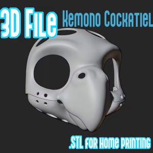 Könnte beinhalten: Ein hellgraues 3D-Modell einer Kemono-Nymphensittich-Maskenbasis mit großen Augenhöhlen und einem markanten Schnabel. Der Text 3D FILE, KEMONO COCKATIEL und .STL FOR HOME PRINTING ist in Hellblau auf dunkelgrauem Hintergrund zu sehen.