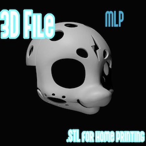 May include: A light gray 3D digital model of a stylized pony head mask featuring large eye openings, circular ventilation holes, and a lightning bolt symbol on the forehead. The text 3D FILE, MLP, and STL FOR HOME PRINTING is visible.