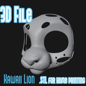 Puede incluir: Un modelo digital 3D de color gris claro de una máscara de león con grandes aberturas para los ojos y orificios de ventilación circulares. El texto 3D FILE, KAWAII LION y STL FOR HOME PRINTING aparece en azul claro sobre fondo oscuro.