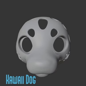 May include: A light gray, stylized, rounded mask featuring large circular eye openings and smaller oval-shaped cutouts across the forehead area. The mask has a smooth, matte surface and includes the text KAWAII DOG in blue at the bottom left.