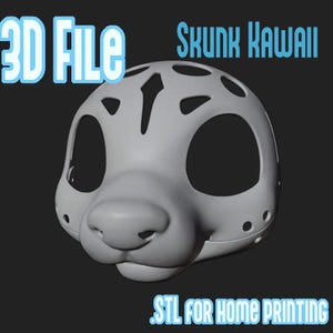 Könnte beinhalten: Ein hellgraues digitales 3D-Modell einer stilisierten Tierkopfmaske mit großen Augenhöhlen und einer abgerundeten Schnauze. Der Text 3D FILE, SKUNK KAWAII und STL FOR HOME PRINTING ist in Hellblau auf dunkelgrauem Grund dargestellt.