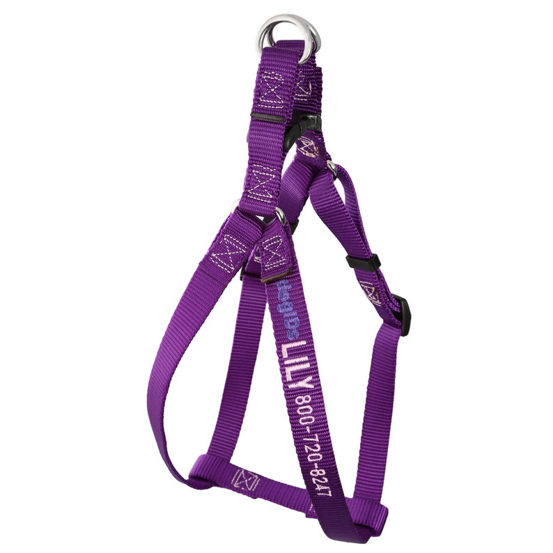 Purple Embroidered Nylon Dog Harness with pink embroidery