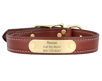 Personalized English Bridle Leather Dog Collar - Chestnut Brown with Solid Brass Hardware & Engraved Nameplate
