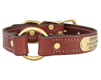 Personalized English Bridle Leather Center Ring Safety Collar with Solid Brass Hardware & Engraved Nameplate