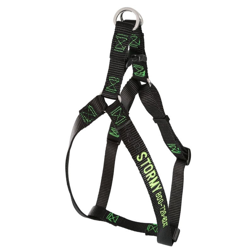 Black Embroidered Nylon Dog Harness with Lime Green embroidery