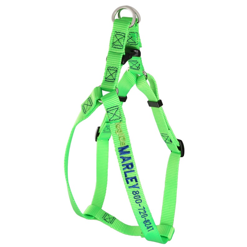 Lime Green Embroidered Nylon Dog Harness with Blue embroidery