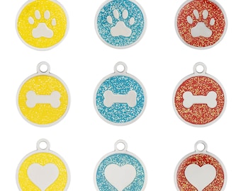 Colorful Glitter Enamel Dog ID Tags with Bone, Paw or Heart Design - Laser Engraved Stainless Steel Backing
