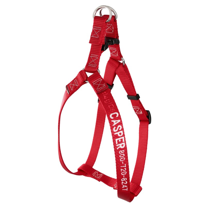 Red Embroidered Nylon Dog Harness with white embroidery