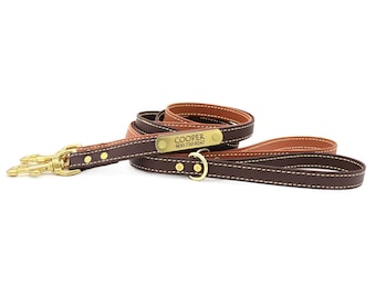 Waterproof Faux Leather Dog Leash with Personalized Nameplate
