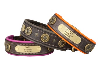 Hornaday Artisan Padded Leather Dog Collar with Brass Nameplate and Shotgun Conchos