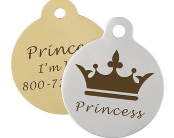 Personalized Crown Dog ID Tag - Stainless Steel or Brass - Princess Pet Tag