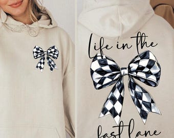 Race Day Hoodie Sweatshirt, Race Track Sweat, Checkered Flag Bow, Racing Mom Gift, Race Woman, Drag Racing, Racer, Race Lover, Pit Crew Gift