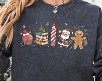 Teacher Christmas Sweatshirt, Christmas Book Lover Gift, Merry Xmas Party Sweater, Bookish Pencil Teacher Christmas Crewneck, Holiday Gift