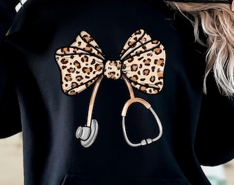 Leopard Nurse Coquette Bow Hoodie Sweatshirt, Nurse Sweat, Girly Nurse Gift, Nurses Week Gift, Stethoscope, Nurse Crew, Nurse Student Gift