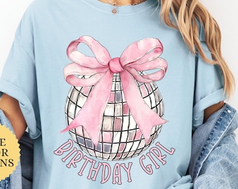 Comfort Colors® Pink Coquette Disco Ball Shirt, Trendy Birthday Girl Shirt, Birthday Girl Gift, Girls Birthday Party Tee, Girly Pink Bow Tee