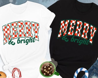 Chemise de Noël joyeux et lumineux, cadeau de Noël pour femmes, t-shirt à carreaux joyeux, chemise de Noël girly, cadeau de joyeux Noël, joyeux Noël