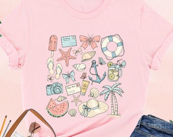 Coastal Coquette Bow Shirt, Summer Vibes Tee, Girls Beach Gift, Seashell Tee, Beach Trip, Summer Vacation, Girls Trip, Cruising Trip Gift