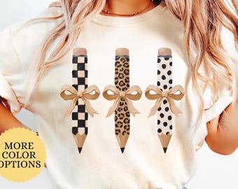 Comfort Colors® Leopard Pencil Bow Shirt, Teacher Appreciation Shirt, Pencil Coquette Gift, Funny School Tee, First Day Of School T Shirt