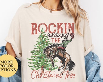 Comfort Colors® Rockin&#39; Around The Christmas Tree Shirt, Retro Western Christmas Shirt, Cowboy Cowgirl Christmas, Christmas Gift, Family Tee