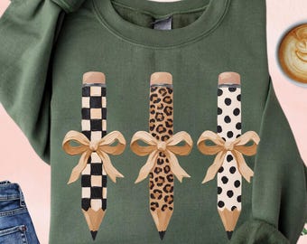 Leopard Pencil Sweatshirt, Preppy Teacher Hoodie, Back To School Crewneck, Teacher Gifts, First Day Of School Gifts, Teacher Life Sweatshirt