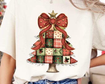 Patchwork Christmas Tree Shirt, Christmas Tree Coquette Shirt, Christmas Gift For Quilter, Bow Christmas Tree Shirt, Festive Holiday Shirt