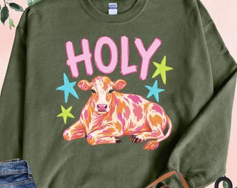 Funny Holy Cow Sweatshirt, Beach Vacation Gift, Cow Farm Lover Sweater, Cute Animal Hoodie, Country Cow Crewneck, Funny Farm Sweatshirt