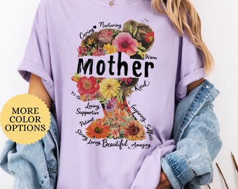Comfort Colors® Floral Mom Shirt, Woman Silhouette Shirt, Gift For Mom, Mom Adjectives Shirt, Boho Mother Shirt, Mothers Day Gift, Mom Life