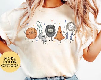 Comfort Colors® PE Teacher Doodle Character Shirt, Physical Education Tee, Happy Whistle Basketball Shirt, First Day Of School T Shirt