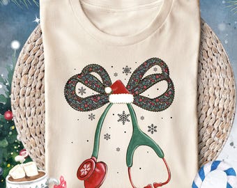 Christmas Stethoscope Nurse Shirt, Christmas Nurse Shirt, Christmas Gift For Nurse, Stethoscope Bow Shirt, Nurse Holiday Shirt, Merry Xmas