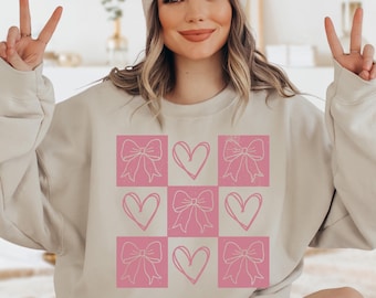Checkered Valentines Day Sweatshirt, Valentines Day Hoodie, Bows And Hearts Valentine Sweatshirt, Valentine Day Womens, Valentines Day Gift
