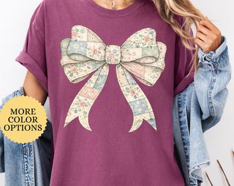 Comfort Colors® Patchwork Coquette Bow Shirt, Vintage Bow Shirt, Floral Bow Shirt, Quilted Ribbon Shirt, Gift For Womens, Mothers Day Gift