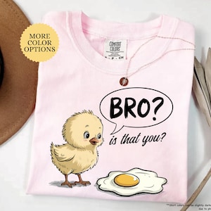May include: A light pink t-shirt with a cartoon chick and fried egg graphic. The text "BRO? is that you?" is in a speech bubble. The shirt has a crew neck and a Comfort Colors tag.