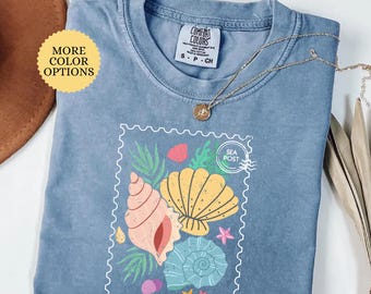 Camiseta Comfort Colors® con estampado de conchas marinas, camiseta con estampado de conchas marinas desgastado, camiseta playera, camiseta veraniega costera, regalo para amantes del océano, camiseta de verano para mujer