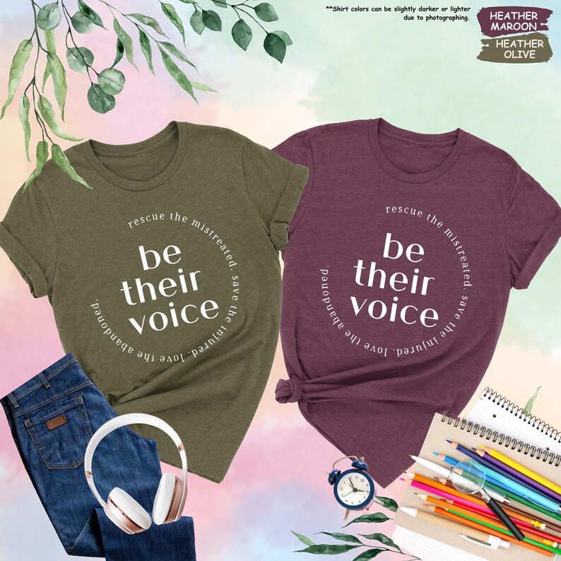 two t - shirts with the words be their voice on them
