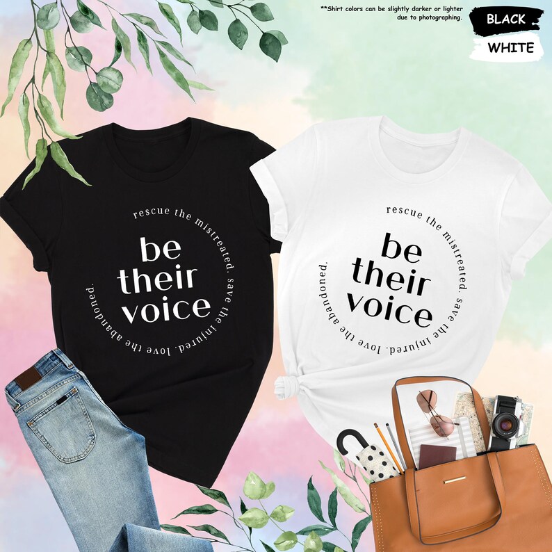 two t - shirts with the words be their voice printed on them