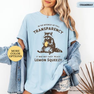 May include: A light blue t-shirt with a raccoon graphic holding a lemon. The text on the shirt reads "In the interest of full transparency, it was not easy peasy lemon squeezy."