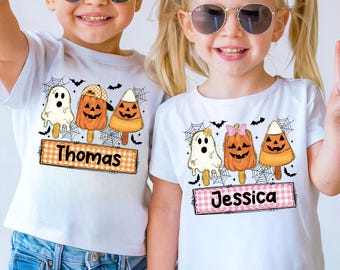 Custom Kids Halloween Shirt, Personalized Boy Girl Pumpkin Tees, Cute Ghost Matching Toddler Gifts, Custom Fall Kids Name Tee T Shirt