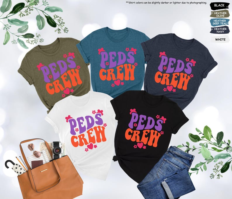 May include: Five t-shirts with the text "PEDS CREW" in a retro font with purple and orange lettering and pink hearts. The shirts are in various colors: olive green, teal, navy blue, white, and black.