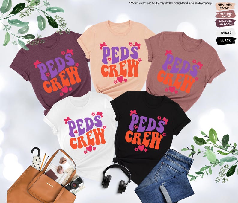 May include: Five t-shirts with the text "PEDS CREW" in a retro font. The shirts are in various colors, including maroon, peach, white, and black. The text is in purple and orange.