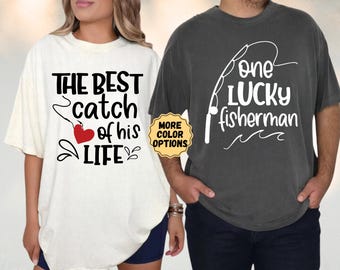 Comfort Colors® Fishing Lucky Couple Custom Shirt, One Lucky Fisherman, Husband Wife Tee, Matching Couple, Honeymoon Tee, Wedding Party Gift