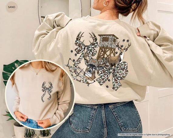 Camo Bow Hunting Season Sweatshirt, Coquette Hunting Hoodie, Deer Hunting Sweater, Hunting Lover Sweatshirt, Camo Deer Hunting Sweatshirt