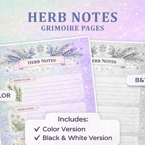 Könnte beinhalten: Zwei Grimoire-Seiten, eine in Farbe und eine in Schwarzweiß, mit dem Text "HERB NOTES" und "GRIMOIRE PAGES". Die Farbversion hat Lavendel- und Blumenillustrationen. Die Schwarzweißversion ist eine Graustufenkopie.