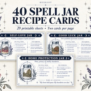 May include: A set of 40 spell jar recipe cards on 20 printable sheets, featuring two cards per page. The cards include instructions for Self-Love, Good Luck, and Home Protection jars, decorated with illustrations of lavender and roses.
