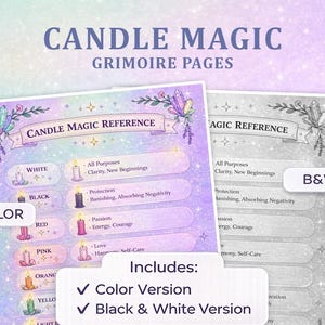 Op de afbeelding: Een digitale print getiteld "Candle Magic Grimoire Pages" met een kleur- en zwart-witversie. De kleurenversie toont een referentiegids voor kaarsenmagie met kaarskleuren en hun betekenissen. Bevat een kleur- en zwart-witversie.