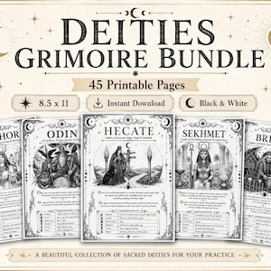 Pode incluir: Um pacote digital de 45 páginas imprimíveis intitulado Deities Grimoire Bundle, com ilustrações em preto e branco de Hathor, Odin, Hecate, Sekhmet e Brigid. Cada página inclui texto descritivo no formato de 21,6 x 27,9 cm.