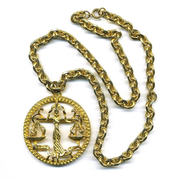 Vintage Pauline Rader Libra Necklace Goldtone Pendant on Heavy Ornate Chain 27" Long Signed