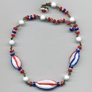 Vintage Miriam Haskell Bead Necklace Red White & Blue Lampwork 16" Signed Clasp