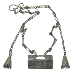 Antique Chinese Lock Necklace Ornate Rectangular Shape Intricate Chain with Tassels & Bells